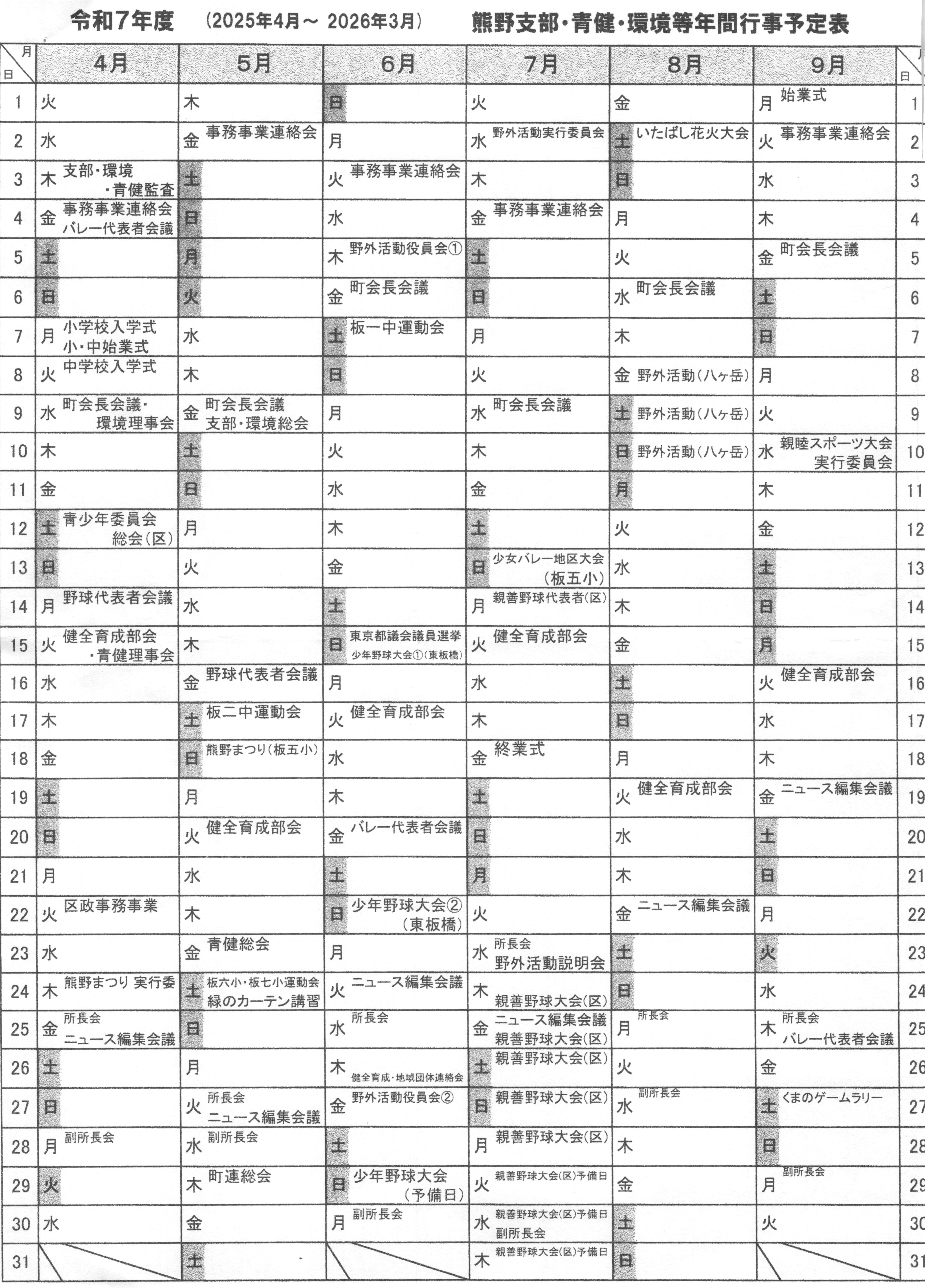 令和７年度熊野支部政権環境等年間予定表１